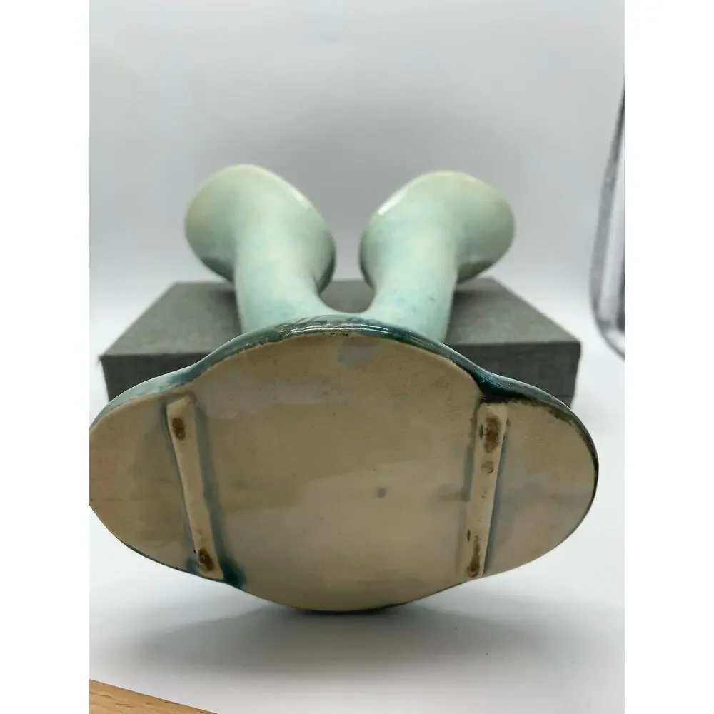 Vintage Hull Green Woodland Double Horn Bud Vase green and Blue‎ 40s 103